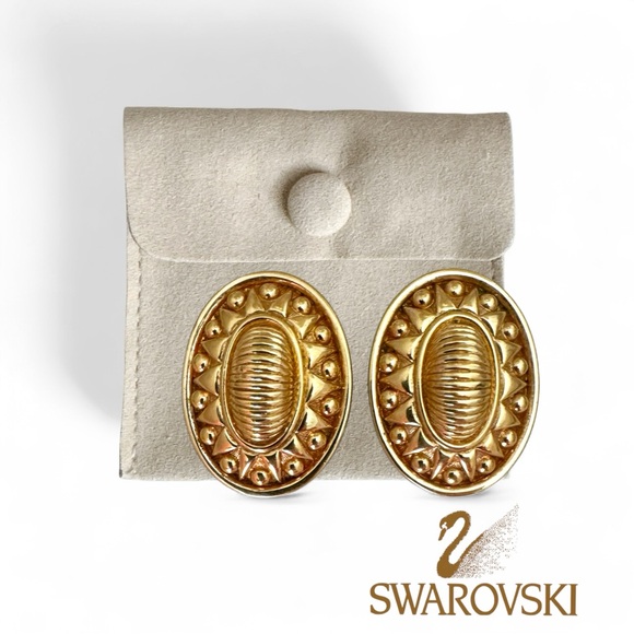 Swarovski Jewelry - Vintage 80’s / 90’s Swarovski Gold-Tone Oval Clip-On Earrings | Swan Logo